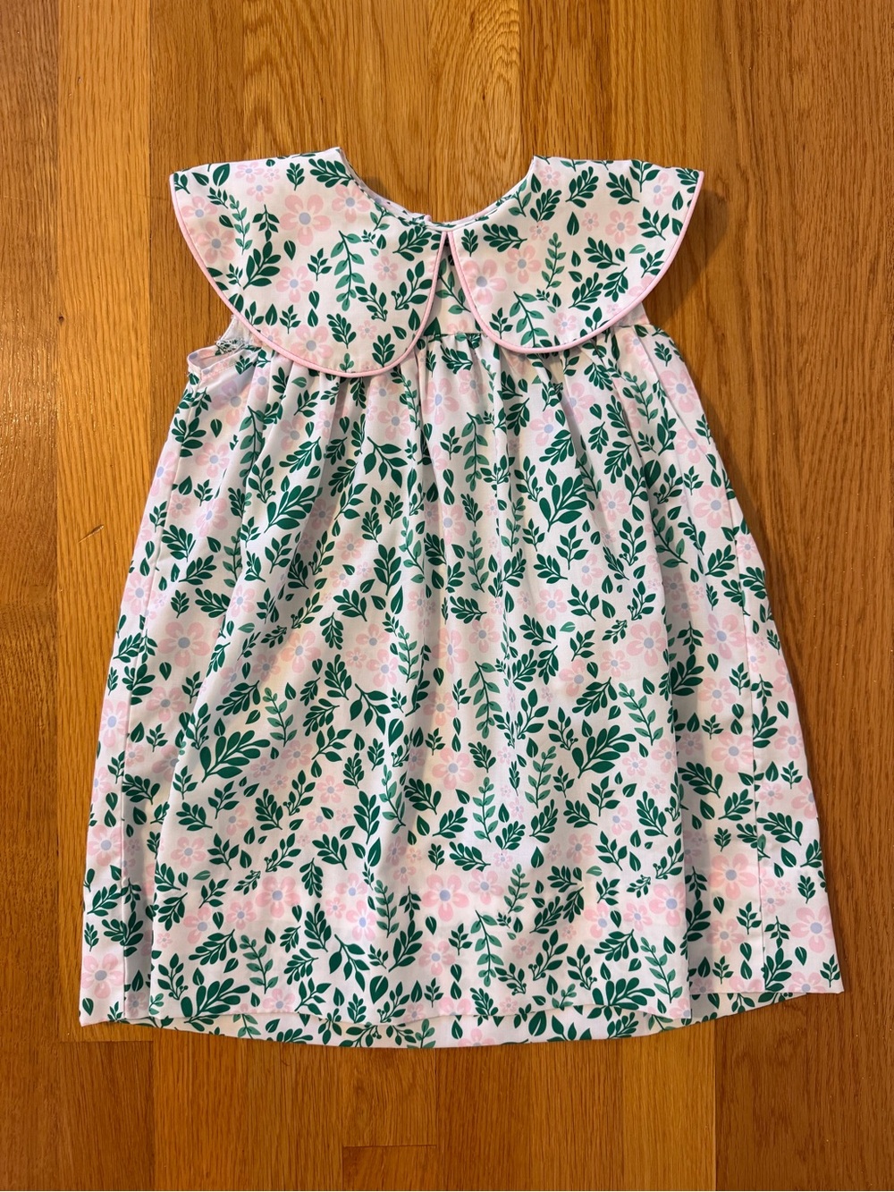 Pink Floral Leaf-Print Girls' Dress with Scalloped Collar
